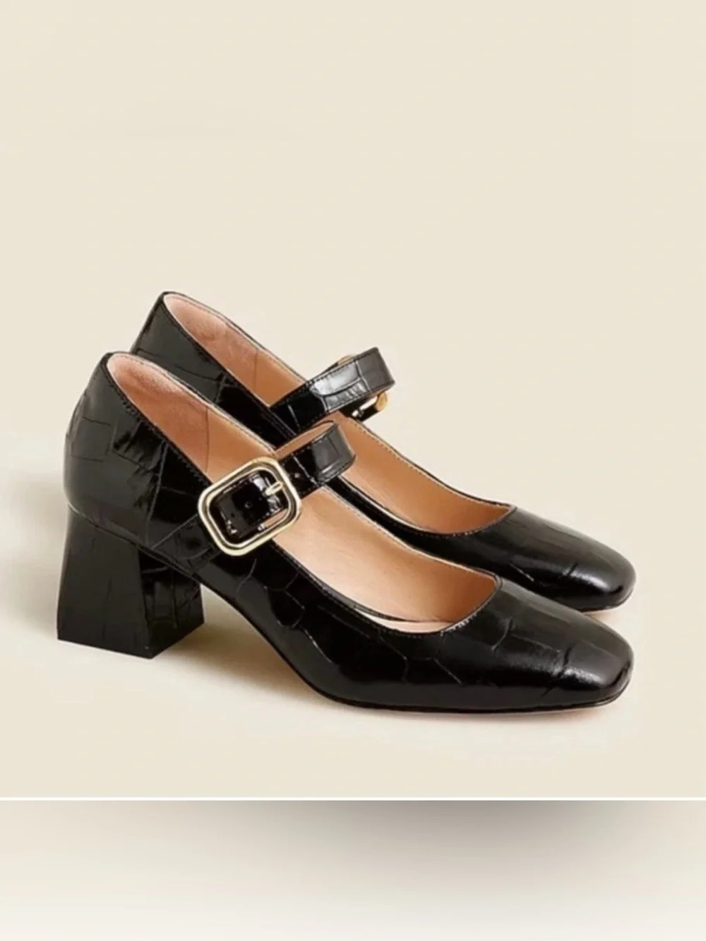 J.Crew Black Croc Embossed Leather Mary Jane Block Heel Pumps Size 7